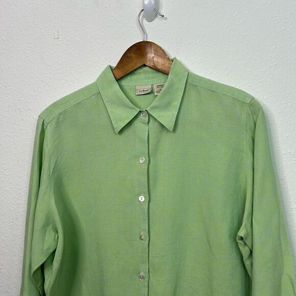 LL Bean Women’s Green 100% Linen 3/4 Sleeve Button Up Top Size L - Picture 2 of 14